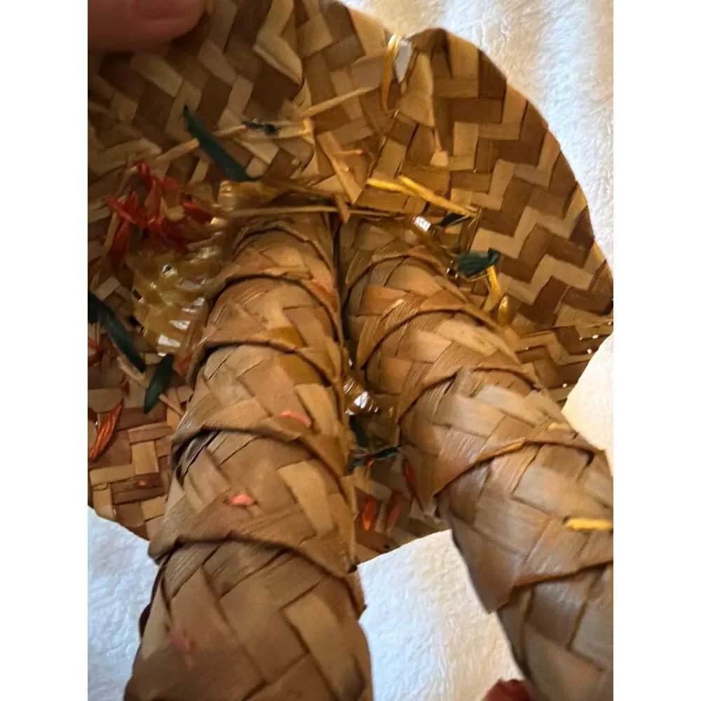 Vintage Handwove Straw Girl Doll Folk Art Raffia Woven Figure Floral Skirt Decor
